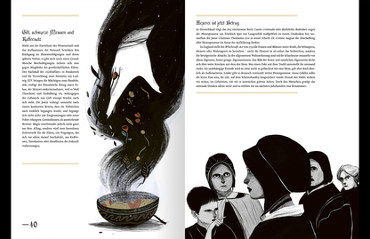 Gezeigt wird eine Innen- oder Zusatzansicht von „Geheimnisse der Hexen“. Die Seite präsentiert eine Kombination aus Text und Illustrationen. Links sieht man eine schlichte, dunkle Illustration einer Hexe mit fließendem Haar, die über einem Kessel schwebt. Aus dem Kessel steigen lebhafte, bunte Pflanzen hervor. Rechts ist der begleitende Text in einer gut lesbaren serifenlosen Schrift in Schwarz auf hellem Hintergrund, umrahmt von feinen grafischen Elementen in Gelb. Unterhalb des Textes...