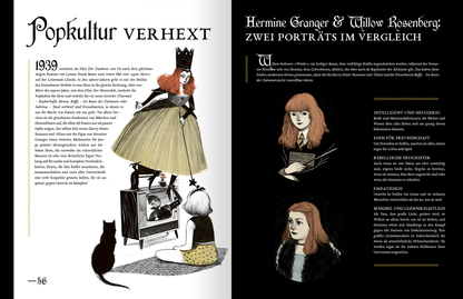 Gezeigt wird eine Innen- oder Zusatzansicht von „Geheimnisse der Hexen“. Die Doppelseite präsentiert eine Illustration einer Hexe mit Krone und einem langen, gelben Kleid, die an einem Fernseher sitzt, während ein junges Mädchen und eine schwarze Katze gebannt zuschauen. Der Hintergrund ist in gedeckten Farben gehalten, während der Titel „Popkultur verhext“ prominent in großen, weißen Buchstaben auf der linken Seite steht. Rechts befinden sich zwei Porträts mit Texten in klarer,...