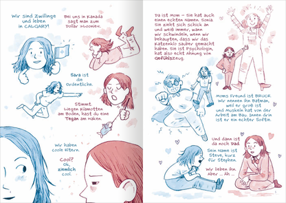 Gezeigt wird eine Innen- oder Zusatzansicht von „Junior High – Chaos im Doppelpack“. Die Seite zeigt eine Mischung aus sanften Blau- und Rosatönen, die die Illustrationen umrahmen. Zwei Zwillingsfiguren im Comic-Stil sind in unterschiedlichen Posen abgebildet, während Textblasen ihre Dialoge wiedergeben. Die Typografie ist modern und gut lesbar, wobei die Schriftgrößen variieren, um die Aufmerksamkeit auf bestimmte Informationen zu lenken. Die spielerische Anordnung der Elemente sorgt...