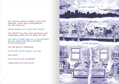 Gezeigt wird eine Innen- oder Zusatzansicht von „Junior High – Chaos im Doppelpack“. Die Seite kombiniert hellblaue und violette Töne mit handgezeichneten Illustrationen. Oben links ist eine Stadtansicht von Calgary zu sehen, während die rechte Seite eine Schlafzimmer-Szene zeigt, in der zwei Betten zu erkennen sind. Der Text ist in zwei verschiedenen Schriften gestaltet: eine verspielte, bunte Schrift für die lässigen Dialoge und eine klare, serifenlose Schrift für den Fließtext.
