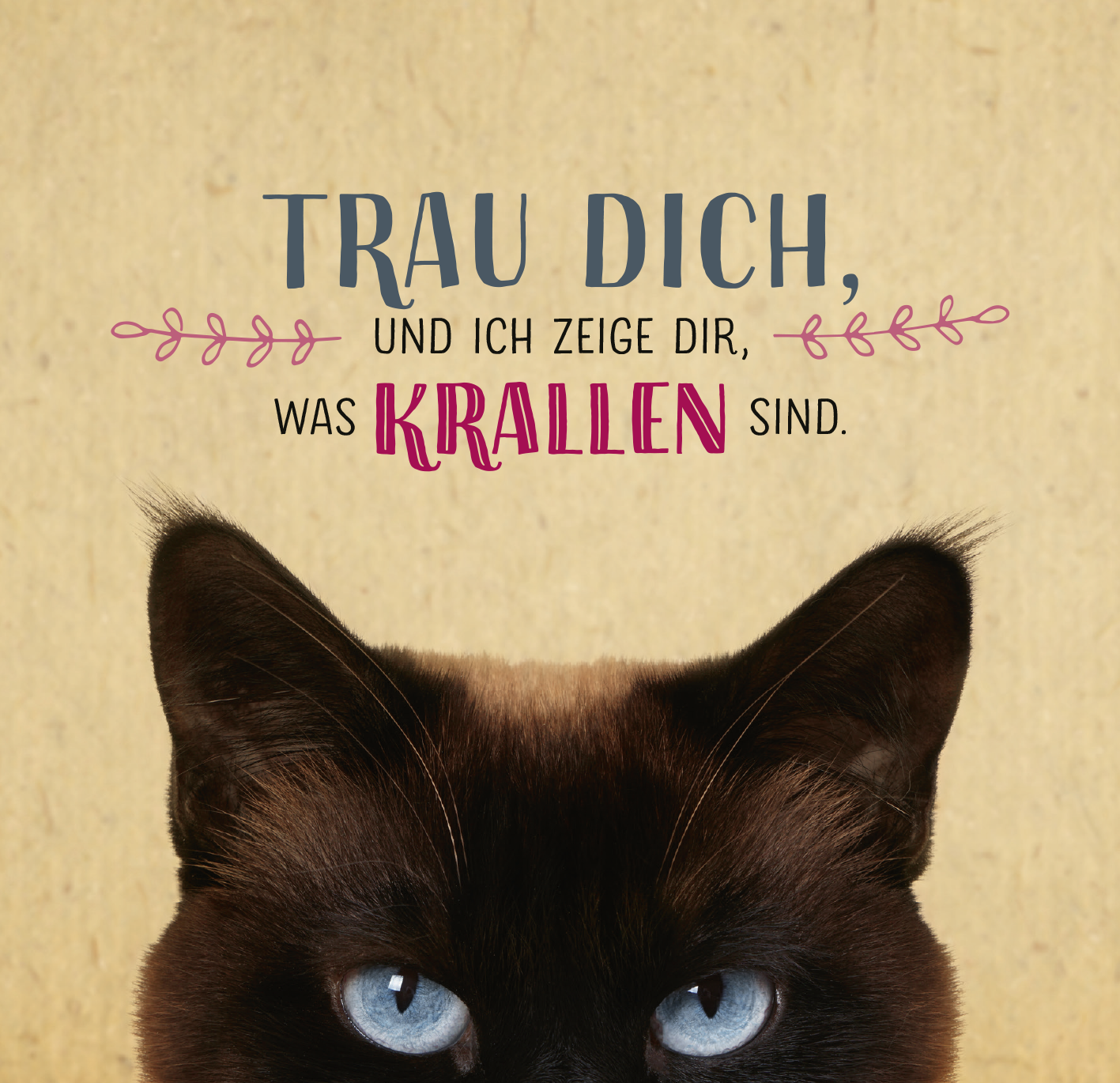Gezeigt wird eine Innen- oder Zusatzansicht von „Die ganze Wahrheit über deine Katze“. Die Ansicht zeigt den Kopf einer Katze mit markanten blauen Augen und dunklem Fell. Darunter steht in einer Kombination aus verschiedenen Schriftarten in Grau und Dunkelrot der Text: „Trau dich, und ich zeige dir, was KRALLEN sind.“ Um den Text sind zarte, geschwungene Linien in Rosatönen eingefügt. Der Hintergrund ist in einem warmen, beigefarbenen Ton gehalten.