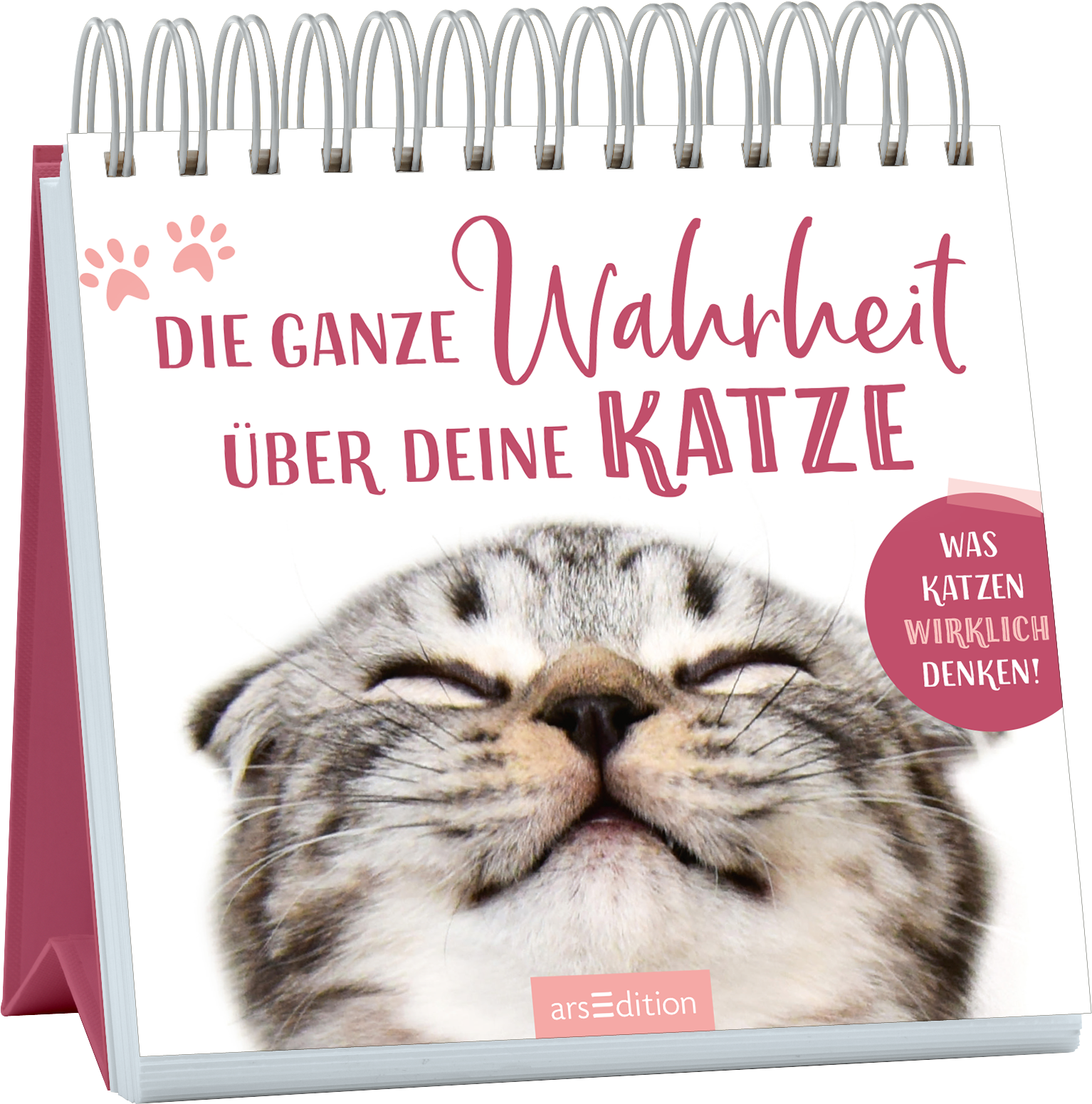 Das Buchcover zeigt einen lächelnden grau-getigerten Kater mit geschlossenen Augen, der ein Gefühl von Zufriedenheit ausstrahlt. Der Titel „DIE GANZE WAHRHEIT ÜBER DEINE KATZE“ ist in großen, verspielten rot-pinken Buchstaben gestaltet, während das Wort „KATZE“ besonders hervorgehoben wird. Ein runder, roter Button enthält den Text „WAS KATZEN WIRKLICH DENKEN!“. Die sanften Farben und das freundliche Tiermotiv vermitteln eine lockere, humorvolle Atmosphäre. Ganz unten mittig...