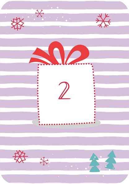 Gezeigt wird eine Innen- oder Zusatzansicht von „Abhängen im Advent“. Die Illustration zeigt ein Geschenk mit einer roten Schleife auf einem lila gestreiften Hintergrund. Auf dem Geschenk prangt die Zahl „2“ in roter Schrift, umrandet von einem punktierten Rand. Um das Geschenk herum sind dekorative Elemente wie Schneeflocken und kleine grüne Tannenbäume in lebhaften Farben angeordnet, die eine festliche Stimmung erzeugen.