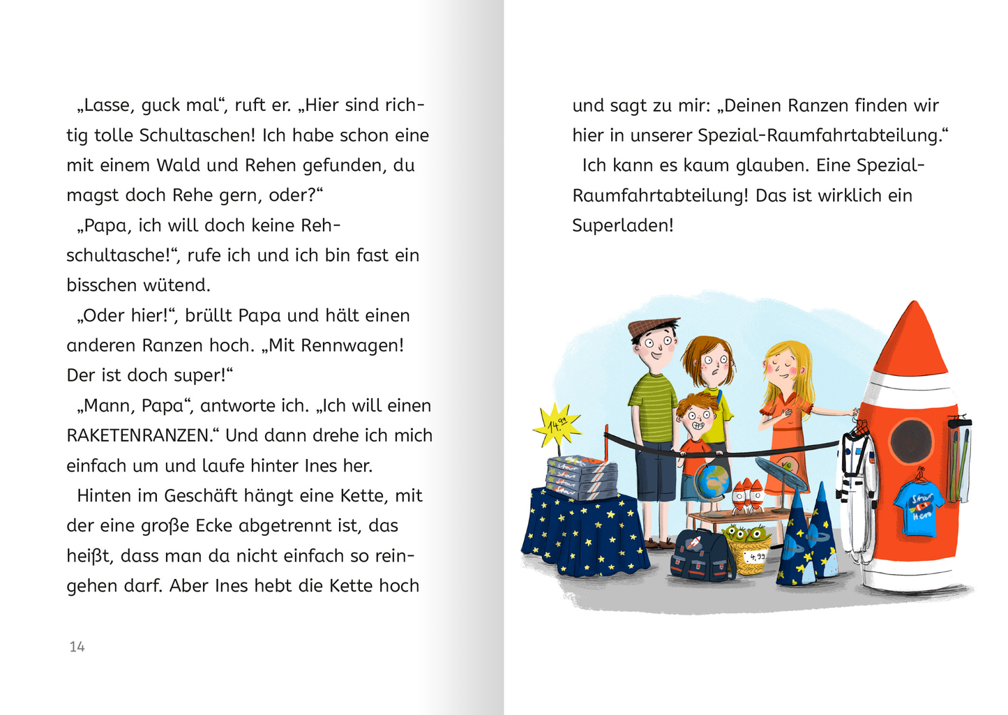 Gezeigt wird eine Innen- oder Zusatzansicht von „Lasse in der 1. Klasse“. Die Illustration zeigt eine Szene in einem Geschäft mit Schulranzen zum Thema Weltall. Drei erwachsene Personen sind zu sehen und ein Junge, der sich die Schulranzen glücklich ansieht. Die Typografie ist klar und gut lesbar.