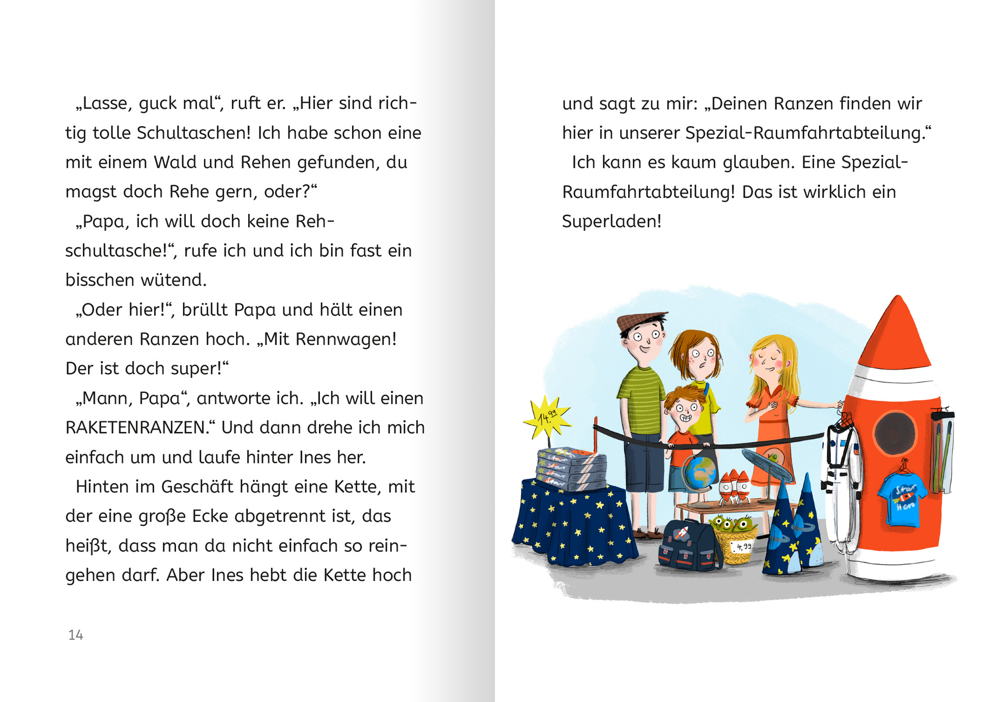 Gezeigt wird eine Innen- oder Zusatzansicht von „Lasse in der 1. Klasse“. Die Illustration zeigt eine Szene in einem Geschäft mit Schulranzen zum Thema Weltall. Drei erwachsene Personen sind zu sehen und ein Junge, der sich die Schulranzen glücklich ansieht. Die Typografie ist klar und gut lesbar.