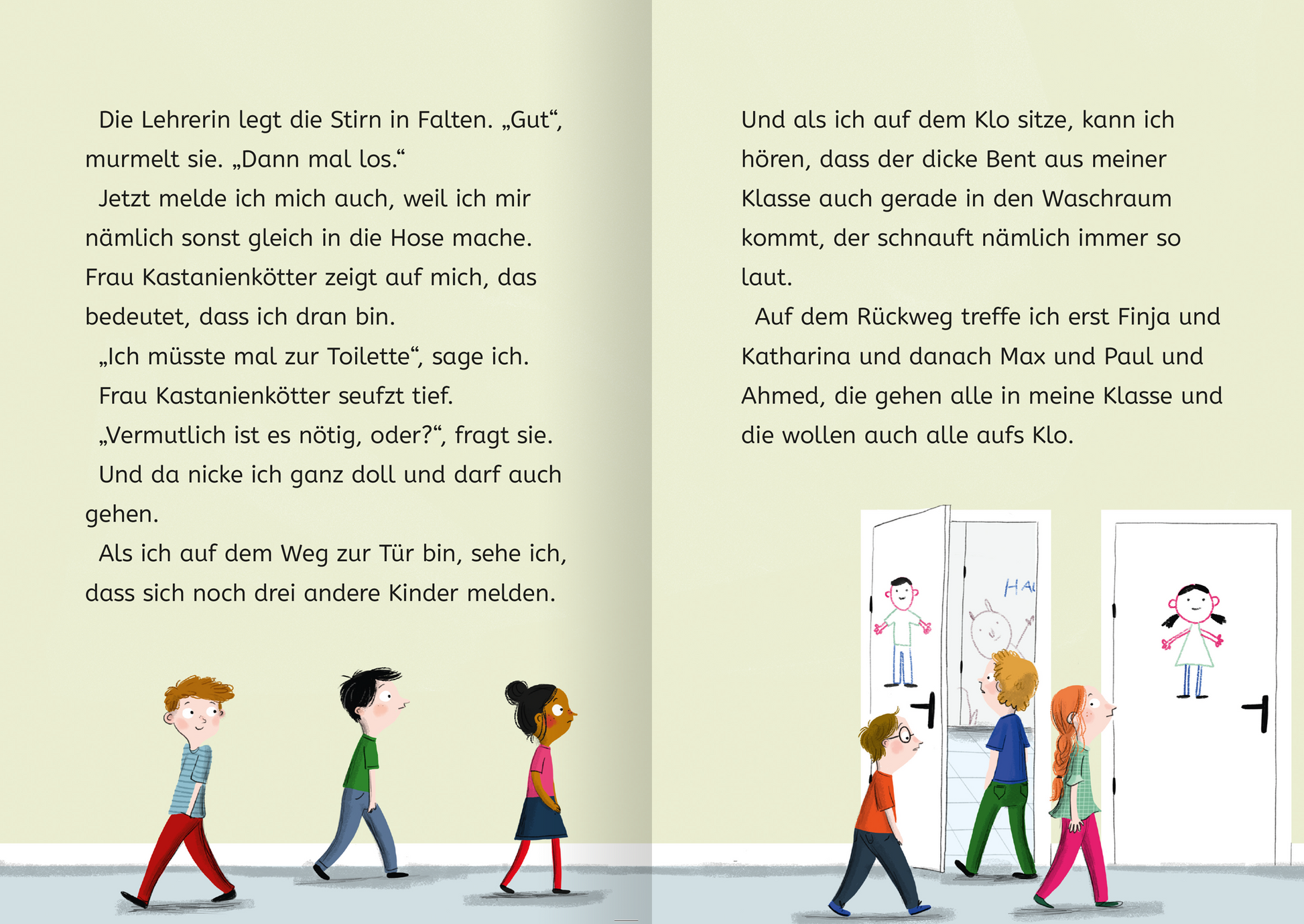 Gezeigt wird eine Innen- oder Zusatzansicht von „Lasse in der 1. Klasse“. Die Doppelseite präsentiert eine lebhafte Schulszene mit sechs Kindern, die auf dem Weg zur Toilette sind. Die Illustrationen sind in bunten Farben gehalten, vorwiegend in warmen Tönen, die eine freundliche Atmosphäre schaffen. Die Type ist klar und gut leserlich.