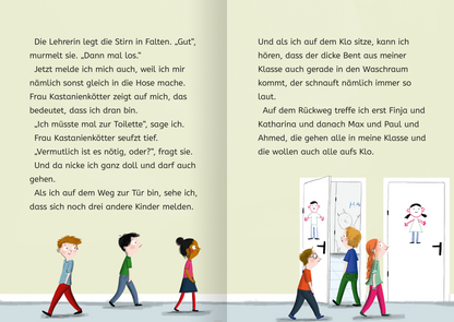 Gezeigt wird eine Innen- oder Zusatzansicht von „Lasse in der 1. Klasse“. Die Doppelseite präsentiert eine lebhafte Schulszene mit sechs Kindern, die auf dem Weg zur Toilette sind. Die Illustrationen sind in bunten Farben gehalten, vorwiegend in warmen Tönen, die eine freundliche Atmosphäre schaffen. Die Type ist klar und gut leserlich.