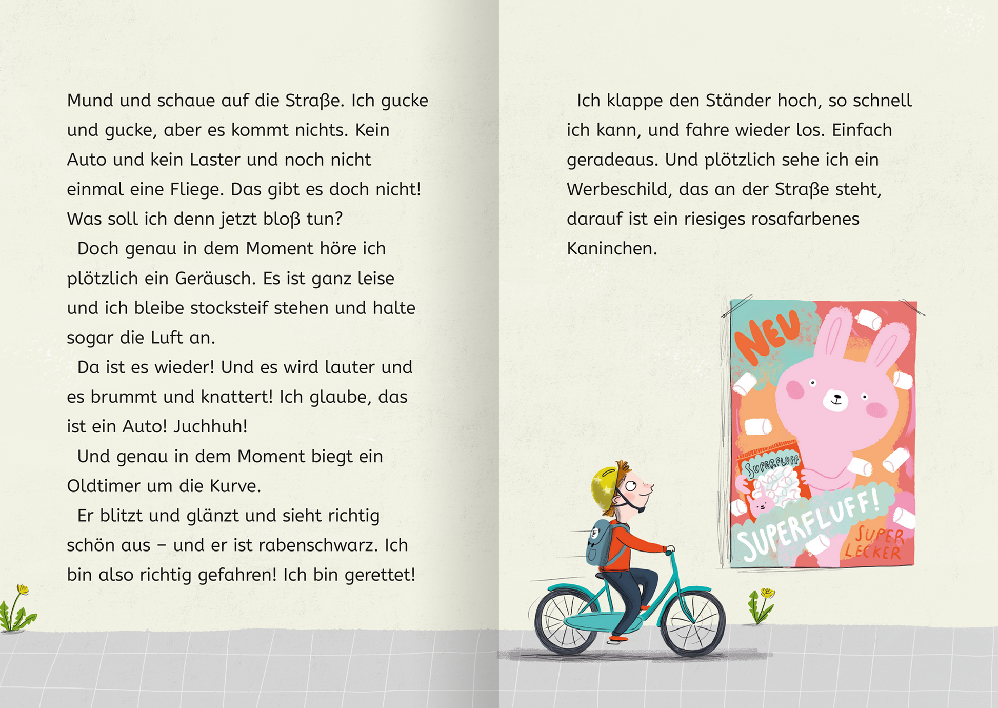 Gezeigt wird eine Innen- oder Zusatzansicht von „Lasse in der 1. Klasse“. Die Seite enthält handgezeichnete Illustrationen, die einen Jungen auf einem Fahrrad zeigen, während er auf die Straße schaut. Die Farben sind lebhaft und fröhlich. Rechts befindet sich ein Werbeschild mit einem großen, rosa Kaninchen und dem Schriftzug „NEU“. Die Schrift ist klar und gut lesbar, passend für Kinder.