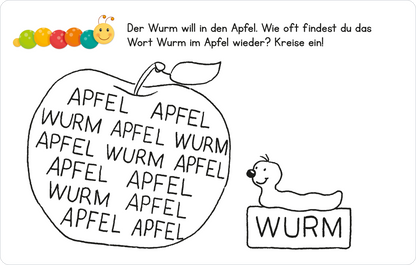 Gezeigt wird eine Innen- oder Zusatzansicht von „Lernraupe – Wortspiele“. Das Bild zeigt einen großen, gezeichneten Apfel in Schwarz-Weiß, der in seinem Inneren mehrfach das Wort „APFEL“ und „WURM“ anzeigt. Daneben ist ein lustig gezeichneter Wurm mit einem Gesicht zu sehen, der auf einer kleinen Box steht, in der „WURM“ geschrieben steht. Oben links befindet sich ein fröhliches, bunten Käfer-Logo. Der Text ist klar lesbar und weckt Interesse für das Wortspiel.