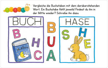 Gezeigt wird eine Innen- oder Zusatzansicht von „Lernraupe – Wortspiele“. Die Darstellung zeigt zwei Boxen mit den Wörtern „BUCH“ und „HASE“ in Großbuchstaben, jeweils farbenfroh umrandet. Darunter sind die Buchstaben „B“, „H“, „C“, „A“, „S“, „E“ in verschiedenen Farben angeordnet. Links ist ein blaues Buch mit einem Mond und Sternen abgebildet, rechts ein brauner Hase. Die Schrift ist klar und kinderfreundlich gestaltet.
