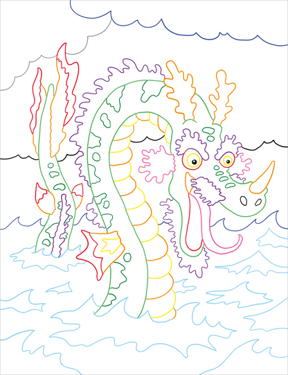 Gezeigt wird eine Innen- oder Zusatzansicht von „Zauberbilder – Monster und Drachen“. Die Illustration präsentiert ein fantasievolles Drachenwesen, das aus dem Wasser auftaucht. Es ist dominant in sanften Grüntönen gehalten, ergänzt durch lebendige Akzente in Rot und Gelb. Umgeben von Wellen und Wolken vermittelt die Darstellung eine magische Atmosphäre. Die Konturen sind klar und zeichnerisch, wodurch die skurrilen Gesichtszüge und die Details lebendig zur Geltung kommen.
