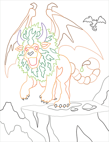 Gezeigt wird eine Innen- oder Zusatzansicht von „Zauberbilder – Monster und Drachen“. Die Illustration zeigt einen fantastischen, freundlichen Monster-Löwen mit grüner, lockiger Mähne und lila Hörnern. Der Löwe steht auf einem Felsen, umgeben von einfachen, skizzenhaften Landschaftselementen. Im oberen Bereich fliegt ein kleiner Drache, ebenfalls in Konturen dargestellt. Die Verwendung von sanften Farben und klaren Linien lädt zur kreativen Gestaltung ein.