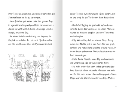 Gezeigt wird eine Innen- oder Zusatzansicht von „Zauberponys – Magische Ferienzeit“. Die Seite zeigt eine schwarz-weiße Illustration, die zwei Kinder vor einem klassischen, zweigeschossigen Haus darstellt. Das Haus hat eine helle Fassade mit einem rotem Dach. Text in einem klaren, gut lesbaren Schriftbild beschreibt die Handlung. Die Schrift ist in einer angenehmen Größe und gut strukturiert, wodurch der Inhalt leicht zu erfassen ist. Die gesamte Gestaltung vermittelt eine einladende...