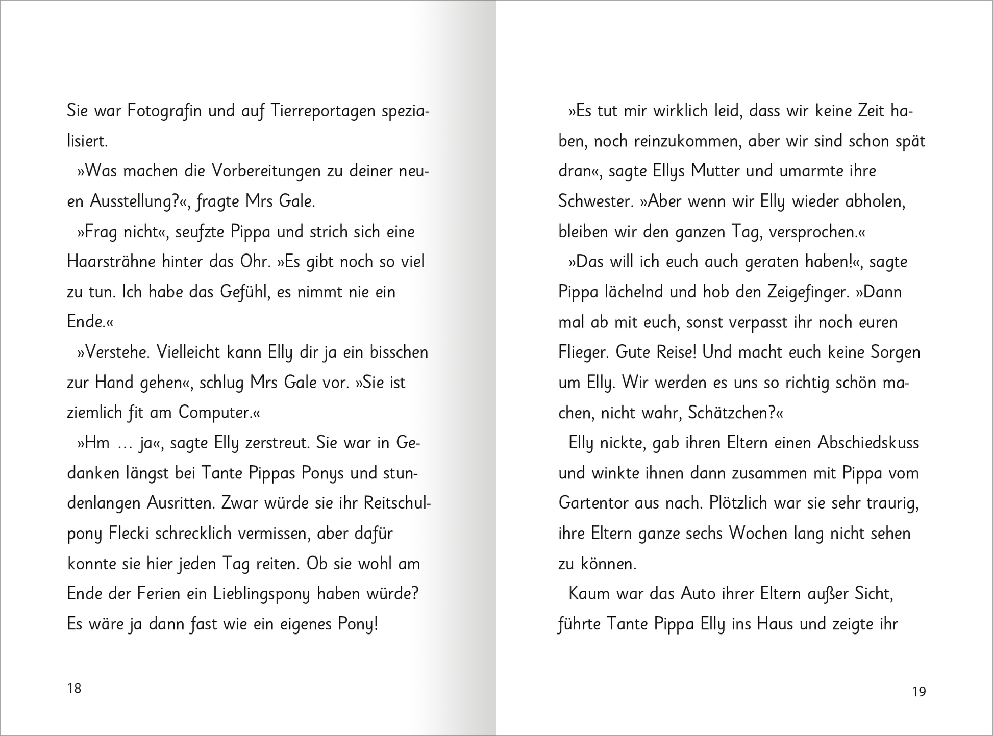 Gezeigt wird eine Innen- oder Zusatzansicht von „Zauberponys – Magische Ferienzeit“. Die Seiten sind in sanften Pastellfarben gehalten, wobei helles Rosa und sanftes Blau dominieren. Die Typografie ist kinderfreundlich und gut lesbar, mit einer klaren Schriftart, die den Text in kurzen Absätzen strukturiert. Illustrationen von Ponys in verschiedenen Posen fügen sich harmonisch in die Seiten ein und unterstützen die lebhafte Erzählung der Geschichten.