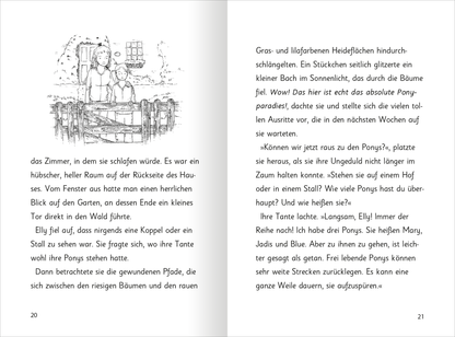 Gezeigt wird eine Innen- oder Zusatzansicht von „Zauberponys – Magische Ferienzeit“. Die Seiten sind in sanften, hellen Farbtönen gehalten, mit klarer, gut lesbarer Typografie. Auf der linken Seite ist eine handgezeichnete Schwarz-Weiß-Illustration zu sehen, die zwei Kinder an einem Zaun zeigt, umgeben von Bäumen und einem Gartenausschnitt. Auf der rechten Seite befindet sich der fortlaufende Text, der in freundlichem, verspieltem Stil die Geschichte beschreibt. Die Gesamtgestaltung...