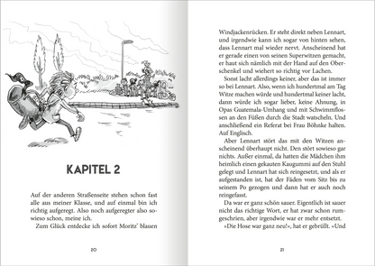 Gezeigt wird eine Innenansicht von „Klassenfahrt mit Opa“. Die Doppelseite zeigt  Text, der in einer klaren Schriftart in Schwarz auf weißem Hintergrund gesetzt ist. Links befindet sich eine schwarz-weiße Illustration, die Kinder zeigt. Die Kapitelüberschrift „KAPITEL 2“ ist deutlich hervorgehoben und in Großbuchstaben dargestellt.
