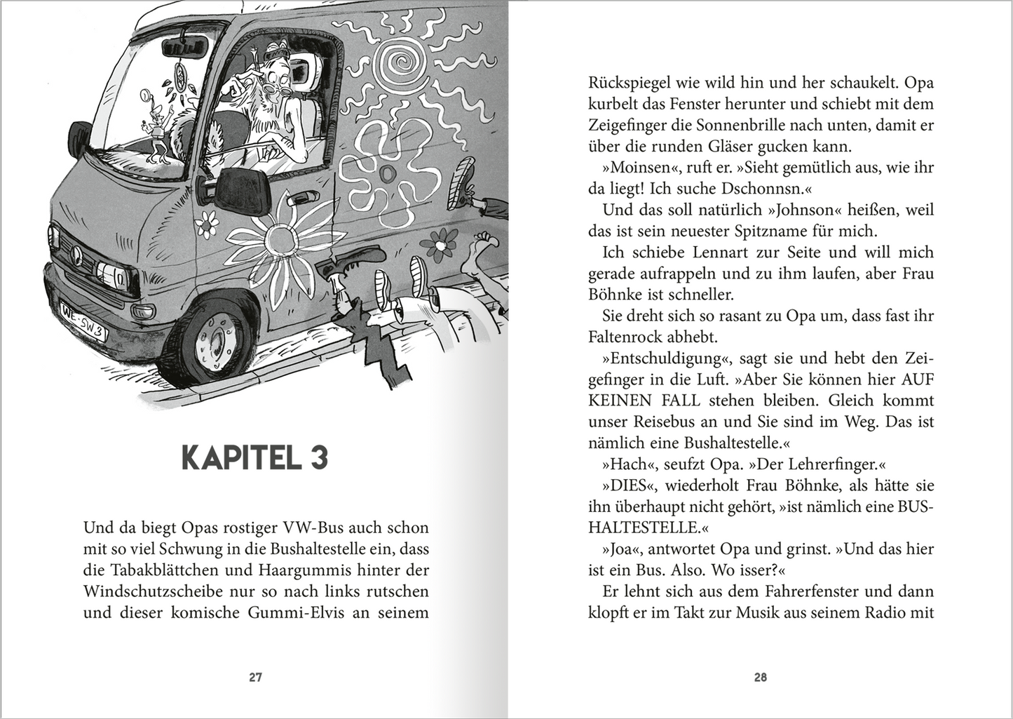 Gezeigt wird eine Innen- oder Zusatzansicht von „Klassenfahrt mit Opa“. Die Seite zeigt eine Illustration im humorvollen schwarz-weißen Comicstil. Darauf ist ein älterer Mann im VW-Bus zu sehen. Der Text ist in einer klaren Schriftart in Schwarz auf weißem Hintergrund gesetzt. Die Kapitelüberschrift „KAPITEL 3“ ist deutlich hervorgehoben und in Großbuchstaben dargestellt.
