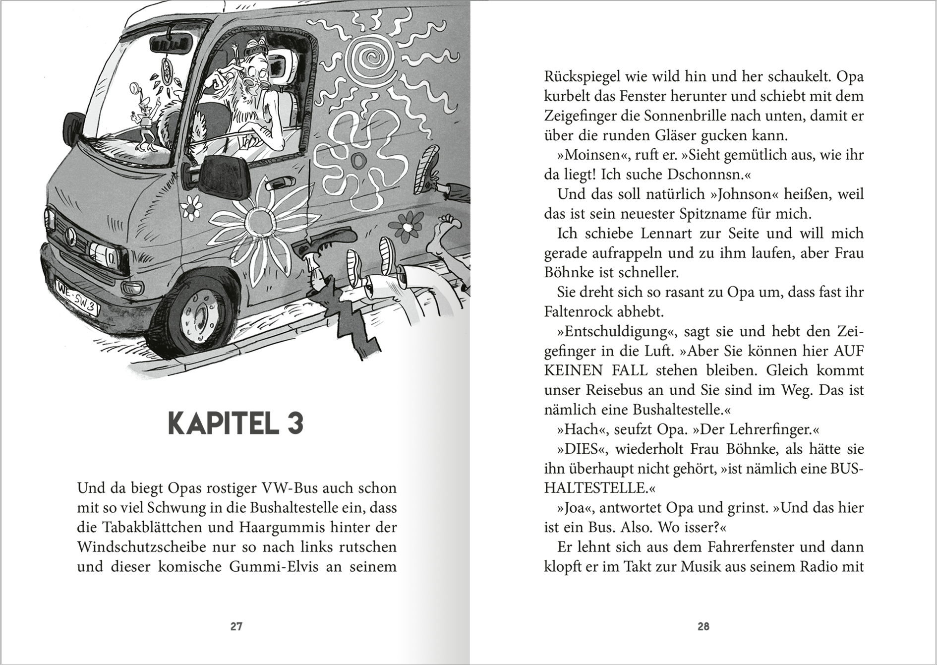 Gezeigt wird eine Innen- oder Zusatzansicht von „Klassenfahrt mit Opa“. Die Seite zeigt eine Illustration im humorvollen schwarz-weißen Comicstil. Darauf ist ein älterer Mann im VW-Bus zu sehen. Der Text ist in einer klaren Schriftart in Schwarz auf weißem Hintergrund gesetzt. Die Kapitelüberschrift „KAPITEL 3“ ist deutlich hervorgehoben und in Großbuchstaben dargestellt.