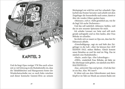 Gezeigt wird eine Innen- oder Zusatzansicht von „Klassenfahrt mit Opa“. Die Seite zeigt eine Illustration im humorvollen schwarz-weißen Comicstil. Darauf ist ein älterer Mann im VW-Bus zu sehen. Der Text ist in einer klaren Schriftart in Schwarz auf weißem Hintergrund gesetzt. Die Kapitelüberschrift „KAPITEL 3“ ist deutlich hervorgehoben und in Großbuchstaben dargestellt.