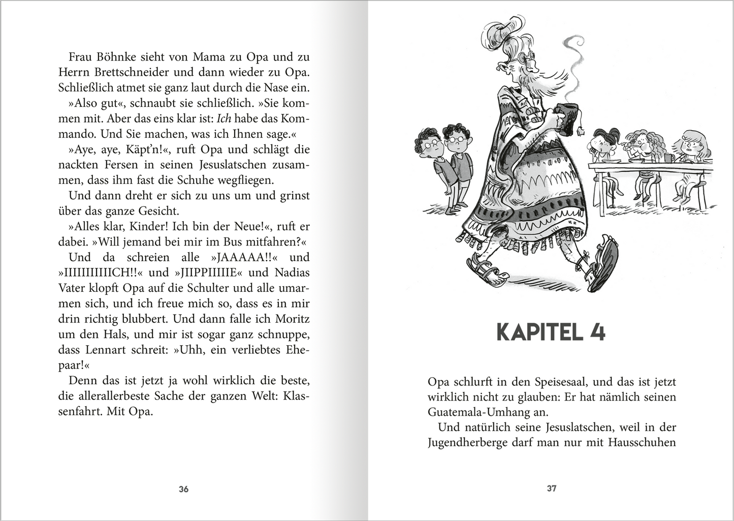Gezeigt wird eine Innen- oder Zusatzansicht von „Klassenfahrt mit Opa“. Die Doppelseite zeigt  Text, der in einer klaren Schriftart in Schwarz auf weißem Hintergrund gesetzt ist. Rechts befindet sich eine schwarz-weiße Illustration. Die Kapitelüberschrift „KAPITEL 4“ ist deutlich hervorgehoben und in Großbuchstaben dargestellt.