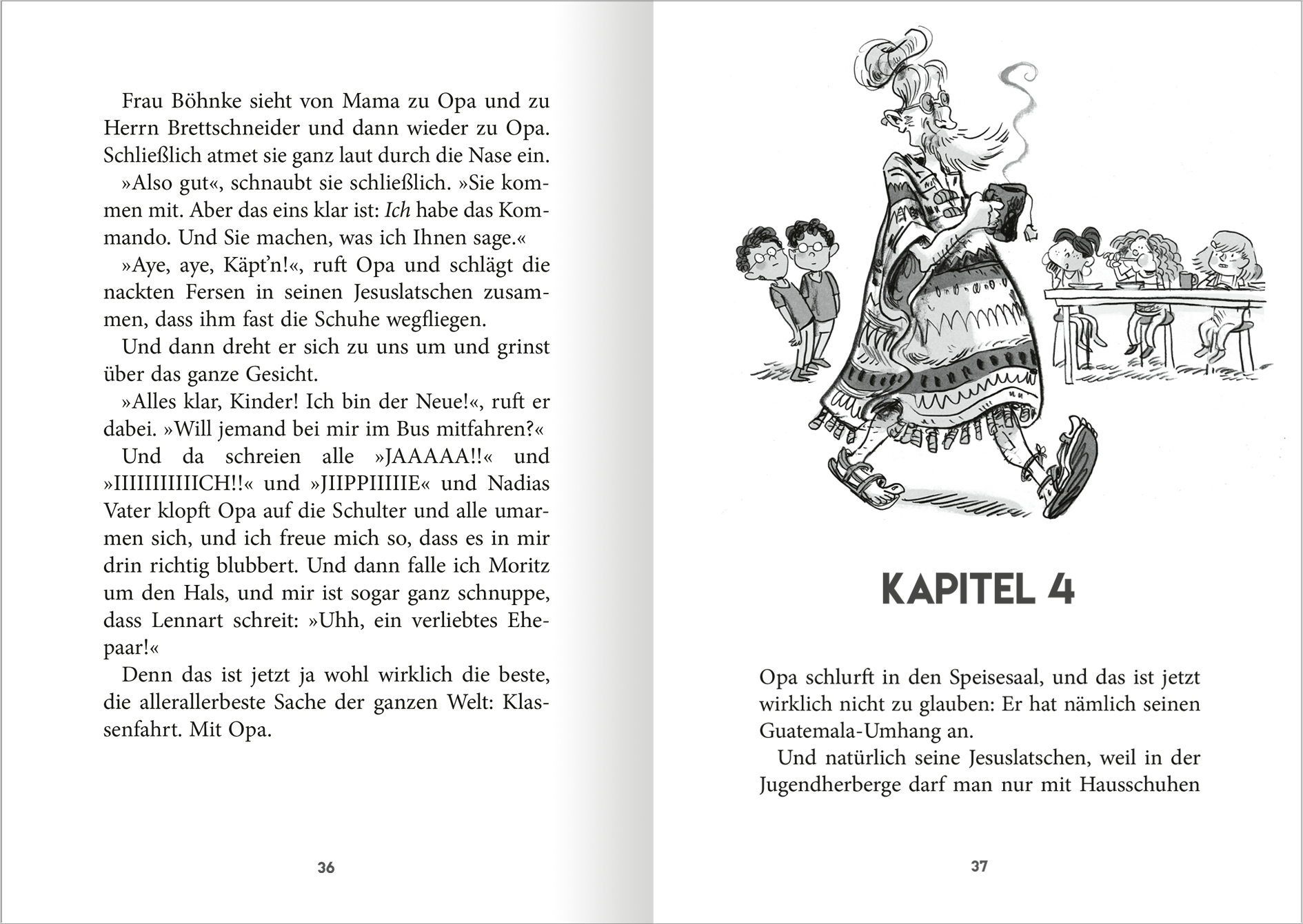 Gezeigt wird eine Innen- oder Zusatzansicht von „Klassenfahrt mit Opa“. Die Doppelseite zeigt  Text, der in einer klaren Schriftart in Schwarz auf weißem Hintergrund gesetzt ist. Rechts befindet sich eine schwarz-weiße Illustration. Die Kapitelüberschrift „KAPITEL 4“ ist deutlich hervorgehoben und in Großbuchstaben dargestellt.