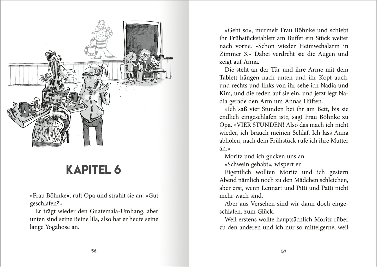 Gezeigt wird eine Innen- oder Zusatzansicht von „Klassenfahrt mit Opa“. Die Doppelseite zeigt ein schwarz-weißes, illustriertes Szenario mit mehreren Figuren. Die Schrift des Kapitels „KAPITEL 6“ ist groß und prägnant, die Schriftart klar und in Schwarz auf weißem Hintergrund gesetzt.