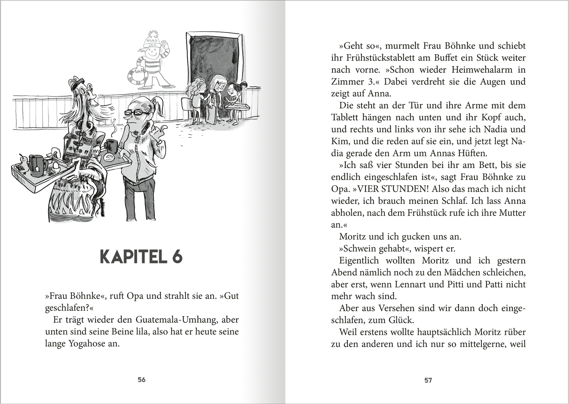 Gezeigt wird eine Innen- oder Zusatzansicht von „Klassenfahrt mit Opa“. Die Doppelseite zeigt ein schwarz-weißes, illustriertes Szenario mit mehreren Figuren. Die Schrift des Kapitels „KAPITEL 6“ ist groß und prägnant, die Schriftart klar und in Schwarz auf weißem Hintergrund gesetzt.