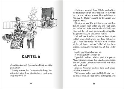 Gezeigt wird eine Innen- oder Zusatzansicht von „Klassenfahrt mit Opa“. Die Doppelseite zeigt ein schwarz-weißes, illustriertes Szenario mit mehreren Figuren. Die Schrift des Kapitels „KAPITEL 6“ ist groß und prägnant, die Schriftart klar und in Schwarz auf weißem Hintergrund gesetzt.