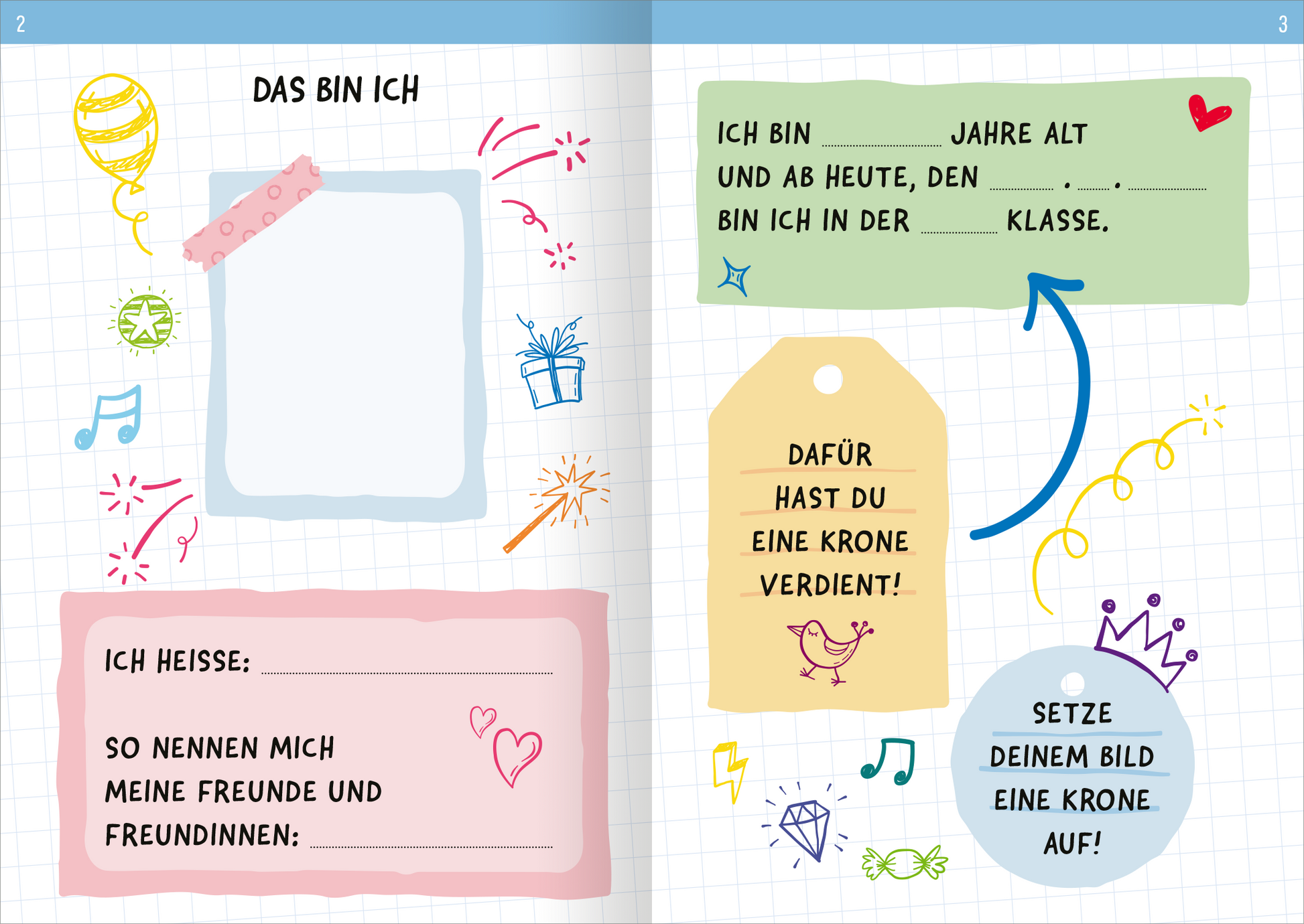 Gezeigt wird eine Innen- oder Zusatzansicht von „Zum Schulstart – Mein buntes Mitmachbuch“. Die Doppelseite ist farbenfroh gestaltet mit spielerischen Illustrationen. Links befindet sich ein leeres Quadrat auf pastellblauem Hintergrund, um persönliche Informationen einzufügen. Darunter steht ein roter Textblock mit der Aufschrift „Ich heiße:“. Rechts sind mehrere Textfelder auf hellgrünem und gelbem Hintergrund mit Fragen zur persönlichen Vorstellung. Bunte Zeichnungen von...