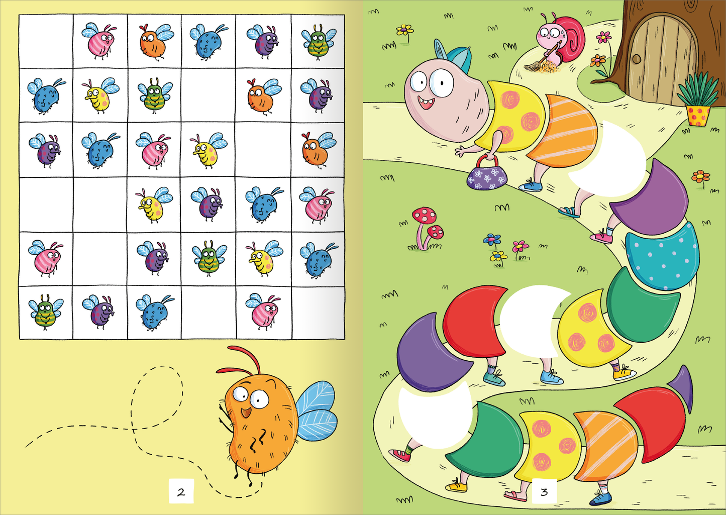 Gezeigt wird eine Innen- oder Zusatzansicht von „Lustige Sticker-Rätsel“. Links ist ein 3x3-Rätselgitter mit bunt gezeichneten Insekten in verschiedenen Farben, darunter Blautöne und Rottöne. Rechts ist eine humorvolle Raupe mit großen, farbenfrohen Segmenten und einem fröhlichen Gesicht zu sehen. Im Hintergrund sind grüne Wiesen und kleine Blumen abgebildet, während ein Baumstamm im Bild die Szenerie ergänzt. Die Typografie ist verspielt und kindgerecht gestaltet.