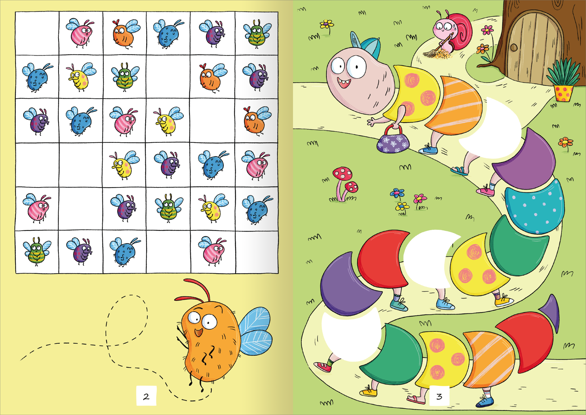 Gezeigt wird eine Innen- oder Zusatzansicht von „Lustige Sticker-Rätsel“. Links ist ein 3x3-Rätselgitter mit bunt gezeichneten Insekten in verschiedenen Farben, darunter Blautöne und Rottöne. Rechts ist eine humorvolle Raupe mit großen, farbenfrohen Segmenten und einem fröhlichen Gesicht zu sehen. Im Hintergrund sind grüne Wiesen und kleine Blumen abgebildet, während ein Baumstamm im Bild die Szenerie ergänzt. Die Typografie ist verspielt und kindgerecht gestaltet.