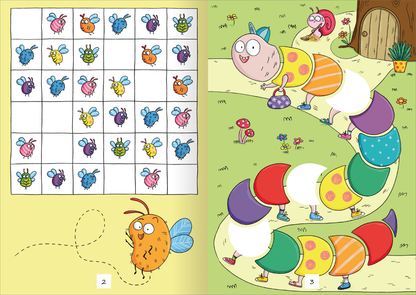 Gezeigt wird eine Innen- oder Zusatzansicht von „Lustige Sticker-Rätsel“. Links ist ein 3x3-Rätselgitter mit bunt gezeichneten Insekten in verschiedenen Farben, darunter Blautöne und Rottöne. Rechts ist eine humorvolle Raupe mit großen, farbenfrohen Segmenten und einem fröhlichen Gesicht zu sehen. Im Hintergrund sind grüne Wiesen und kleine Blumen abgebildet, während ein Baumstamm im Bild die Szenerie ergänzt. Die Typografie ist verspielt und kindgerecht gestaltet.