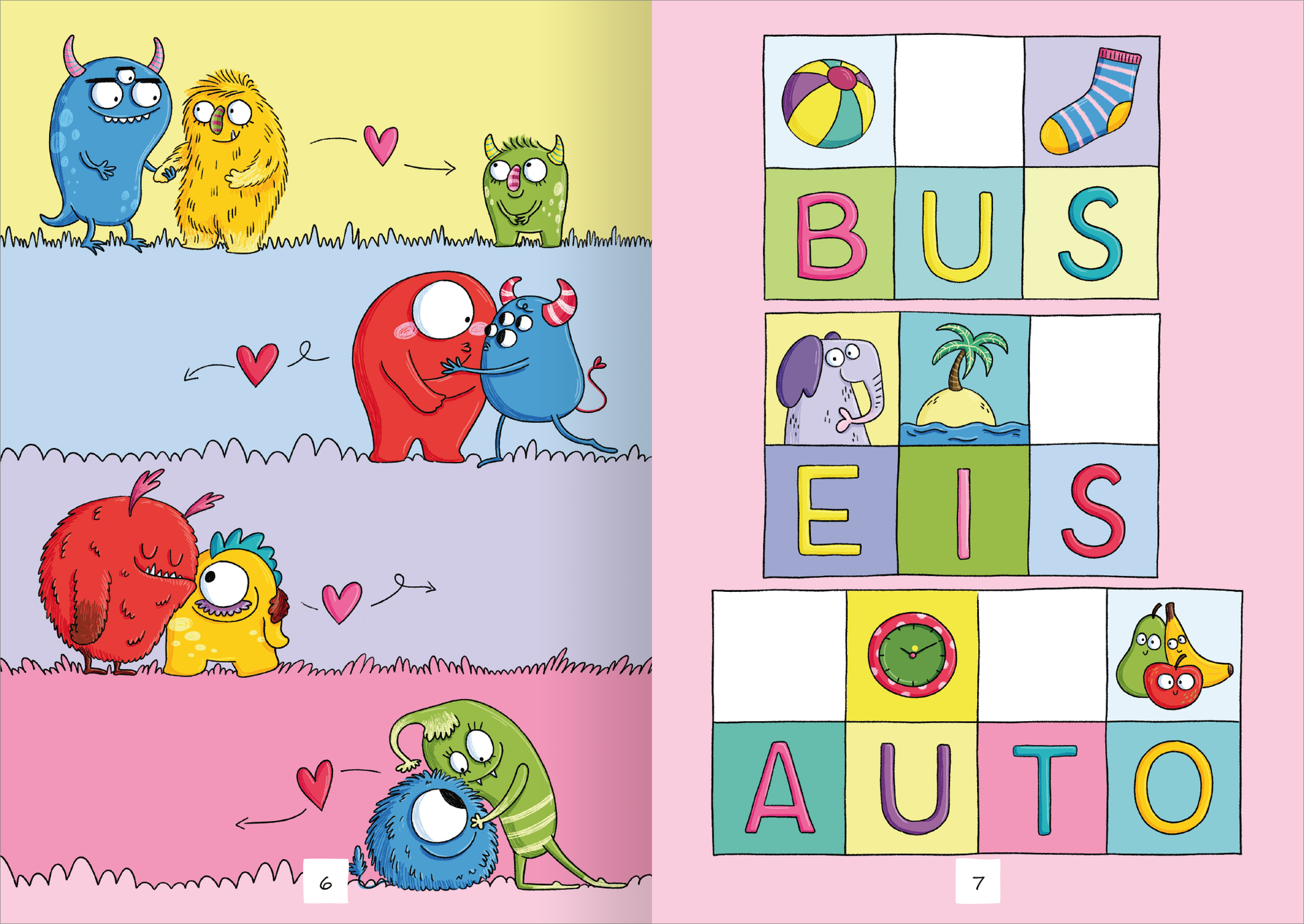 Gezeigt wird eine Innen- oder Zusatzansicht von „Lustige Sticker-Rätsel“. Die Seite zeigt bunte, cartoonartige Monster in verschiedenen Interaktionen, umgeben von fröhlichen Hintergründen in sanften Farben wie Blau, Gelb und Rosa. Auf der rechten Seite sind große, klar erkennbare Buchstaben in einem spielerischen Quadratmuster angeordnet, während niedliche Illustrationen wie ein Hund und eine Ananas integriert sind. Die Typografie ist klar und kinderfreundlich gestaltet, ideal zur...