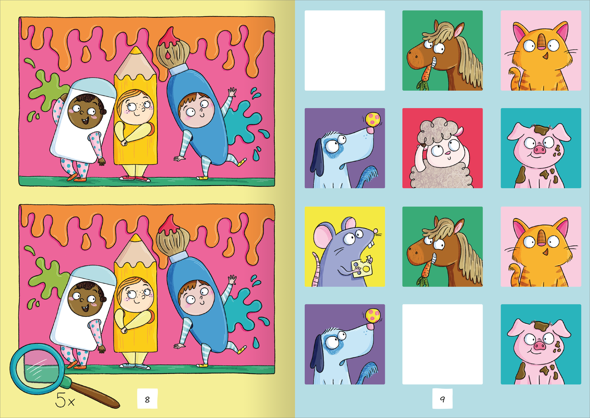 Gezeigt wird eine Innen- oder Zusatzansicht von „Lustige Sticker-Rätsel“. Auf der linken Seite sind zwei fröhliche, bunte Figuren dargestellt: ein Junge und ein Mädchen, die sich als Stifte verkleidet haben. Die Hintergründe in Pink und Gelb sind lebhaft und spielerisch. Rechts sind farbige Felder mit Tieren wie einem Hund, einer Katze und einem Pferd zu sehen, die zusätzlich mit einfachen, kindgerechten Illustrationen gestaltet sind. Die Typografie ist klar und kindlich.