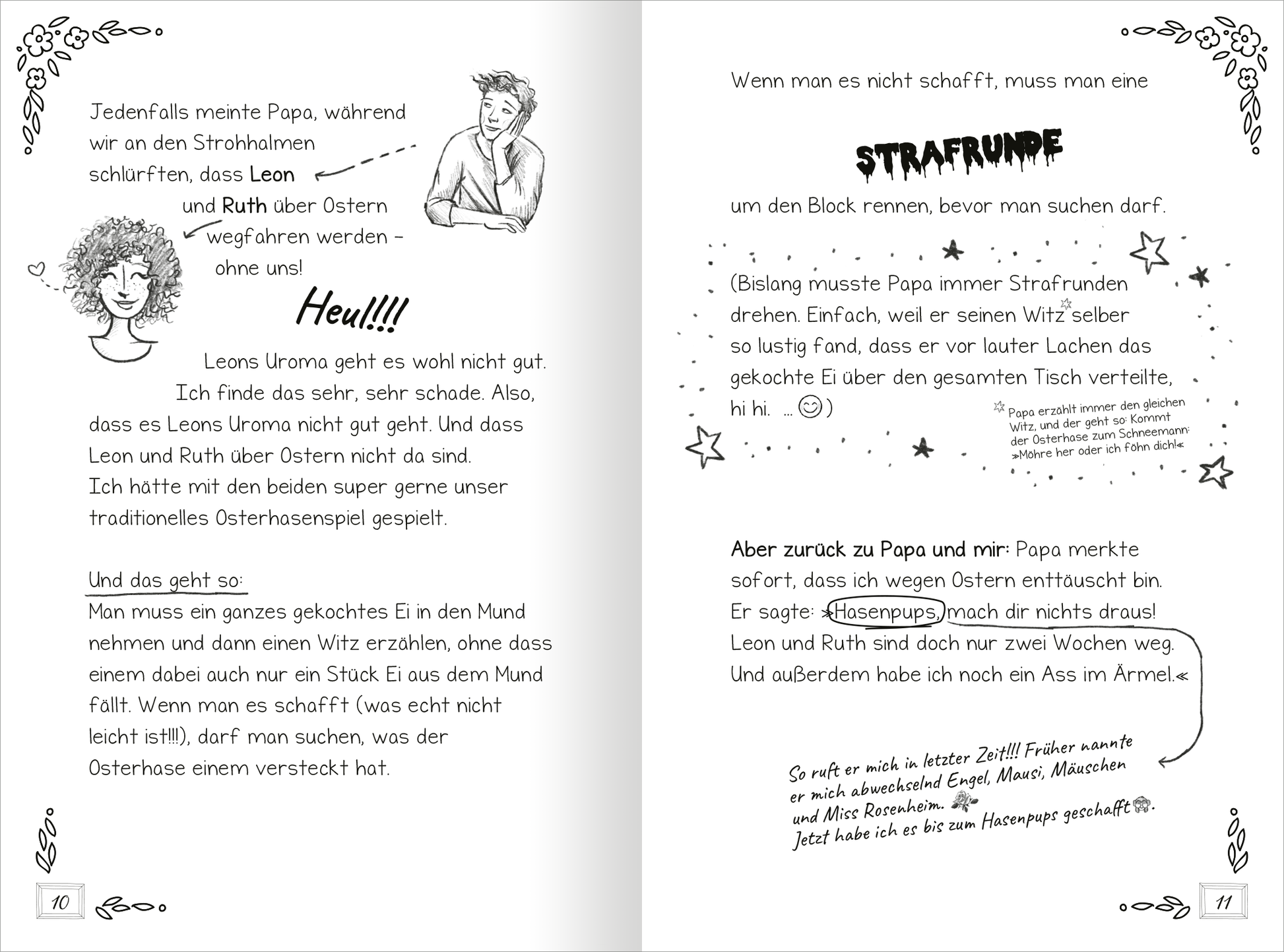 Gezeigt wird eine Innenansicht von „PS: Du bist meine Heldin!“. Die Doppelseite zeigt eine lockere, handgeschriebene Schrift in Schwarz auf weißem Hintergrund. Auf der linken Seite ist eine Illustration eines fröhlichen, lockigen Mädchens zu sehen. Die rechte Seite enthält den Text in unterschiedlichen Schriftgrößen und -stilen, darunter ein hervorgehobenes Wort in Großbuchstaben. Verschnörkelte Rahmen und kleine Sterne ergänzen das Design.