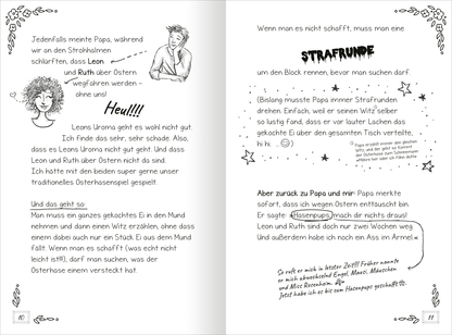 Gezeigt wird eine Innenansicht von „PS: Du bist meine Heldin!“. Die Doppelseite zeigt eine lockere, handgeschriebene Schrift in Schwarz auf weißem Hintergrund. Auf der linken Seite ist eine Illustration eines fröhlichen, lockigen Mädchens zu sehen. Die rechte Seite enthält den Text in unterschiedlichen Schriftgrößen und -stilen, darunter ein hervorgehobenes Wort in Großbuchstaben. Verschnörkelte Rahmen und kleine Sterne ergänzen das Design.