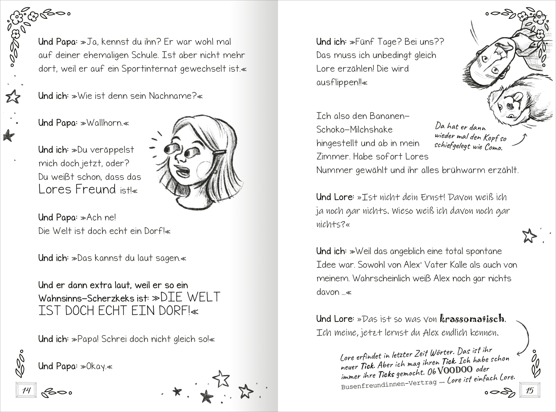 Gezeigt wird eine Innenansicht von „PS: Du bist meine Heldin!“. Die Doppelseite zeigt Text in einfacher, gut lesbarer Schrift. Verschnörkelte Sterne und Zeichnungen von einem Hund und zwei Figuren umrahmen die Bilder und verleihen der Seite einen lebendigen, einladenden Charakter.