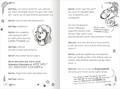 Gezeigt wird eine Innenansicht von „PS: Du bist meine Heldin!“. Die Doppelseite zeigt Text in einfacher, gut lesbarer Schrift. Verschnörkelte Sterne und Zeichnungen von einem Hund und zwei Figuren umrahmen die Bilder und verleihen der Seite einen lebendigen, einladenden Charakter.