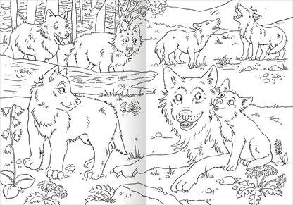 Gezeigt wird eine Innen- oder Zusatzansicht von „Das superdicke Malbuch – Tiere“. Die Seite zeigt mehrere Wolfsskizzen in unterschiedlichen Posen, umgeben von einer natürlichen Kulisse mit Bäumen und Wiese. Die Illustrationen sind in Schwarz-Weiß gehalten und bieten klare, dicke Linien, die das Ausmalen erleichtern.