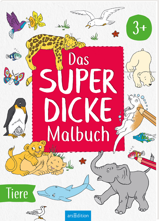 Zu sehen ist die 3D-Ansicht des Titels. Das Cover zeigt auf einem hellen Hintergrund freundliche Tierillustrationen, darunter einen Leoparden, einen Löwen und einen Elefanten. Im Zentrum befindet sich ein rotes Rechteck mit dem Titel „Das SUPER DICKE Malbuch“ in verspielter, weißer Schrift. Oben links steht die Altersangabe „3+“. Die fröhliche und einladende Atmosphäre spricht besonders Kinder an. Ganz unten mittig steht der Logoschriftzug von arsEdition.
