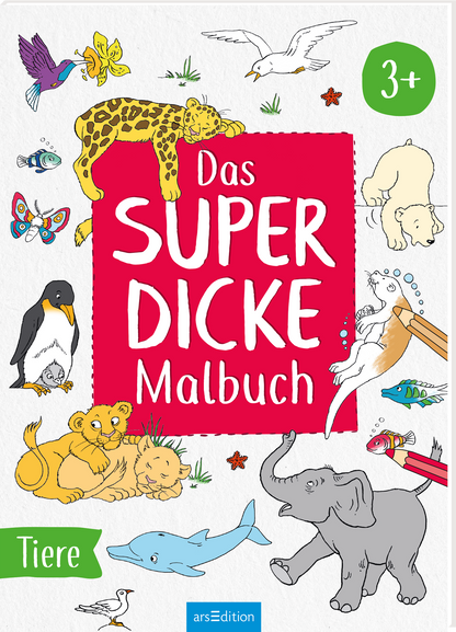 Zu sehen ist die 3D-Ansicht des Titels. Das Cover zeigt auf einem hellen Hintergrund freundliche Tierillustrationen, darunter einen Leoparden, einen Löwen und einen Elefanten. Im Zentrum befindet sich ein rotes Rechteck mit dem Titel „Das SUPER DICKE Malbuch“ in verspielter, weißer Schrift. Oben links steht die Altersangabe „3+“. Die fröhliche und einladende Atmosphäre spricht besonders Kinder an. Ganz unten mittig steht der Logoschriftzug von arsEdition.