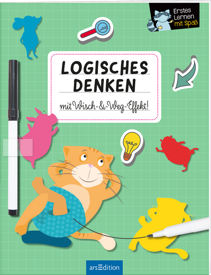 Zu sehen ist die 3D-Ansicht des Titels. Auf dem Buchcover „Logisches Denken mit Wisch-&amp;-Weg-Effekt!“ dominieren leuchtende Farben auf einem karierten, grünen Hintergrund. In der Mitte steht der Titel in markanten, schwarzen Buchstaben. Abgebildet ist ein fröhlicher Kater in blauer Hose, umgeben von bunten Tiermotiven wie einem rosa Schwein und einer roten Maus. Oben rechts befindet sich ein Hinweis auf „Erstes Lernen mit Spaß“. Ganz unten mittig steht der Logoschriftzug von...