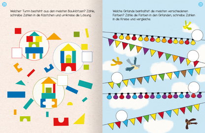 Gezeigt wird eine Innen- oder Zusatzansicht von „Erstes Lernen mit Spaß – Erstes Rechnen“. Die Seite zeigt spielerische grafische Elemente mit bunten Bauklötzen in verschiedenen Formen und Farben, die in Kreisen angeordnet sind. Links sind geometrische Figuren in lebhaften Tönen, rechts sind viele fröhliche Wimpelgirlanden abgebildet, die über einen blau-weißen Himmel gespannt sind. Die klare, verspielte Typografie in Schwarz unterstützt die Aufgabenstellung und sorgt für gute...