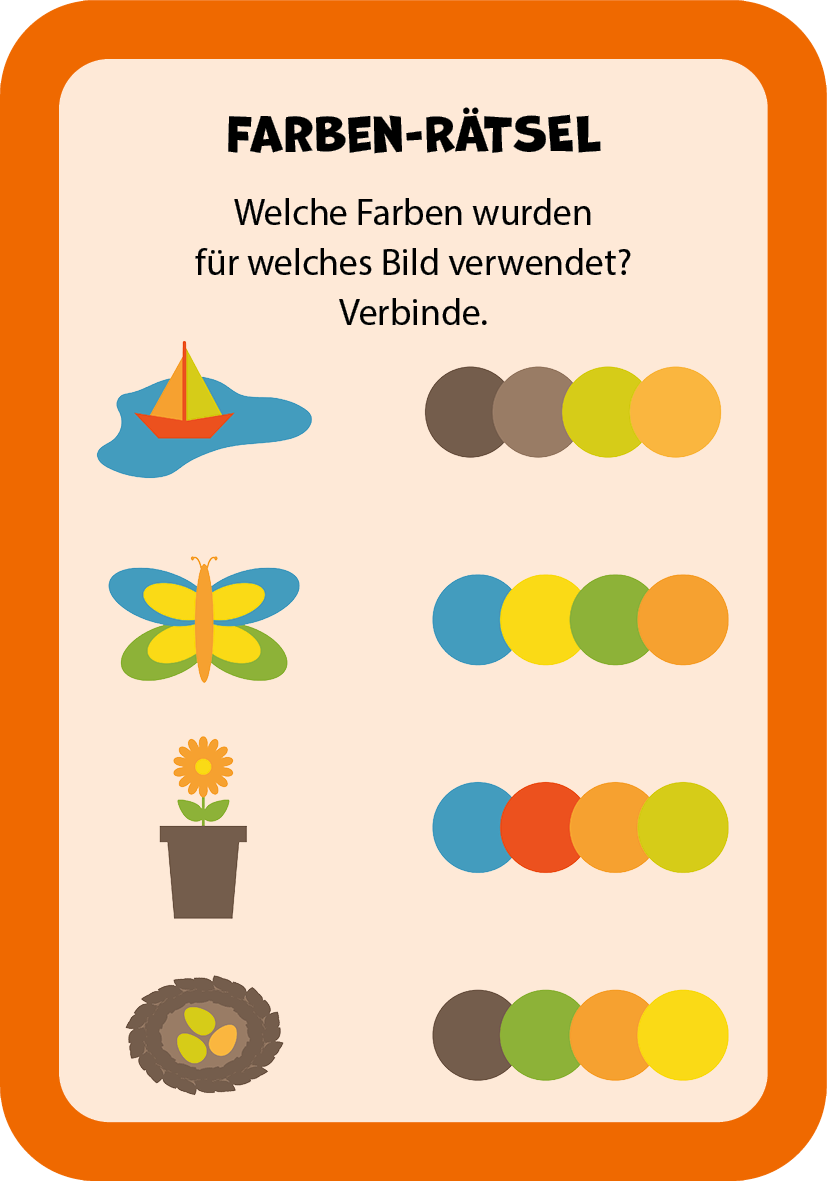 Gezeigt wird eine Innen- oder Zusatzansicht von „Zum Schulstart – Kunterbunte Pausen-Ideen“. Die Seite enthält einen orangen Rahmen mit der Überschrift „FARBEN-RÄTSEL“ in großen, fetten Buchstaben. Darunter befinden sich drei farbenfrohe Illustrationen: ein Segelboot auf blauem Wasser, ein bunter Schmetterling und ein Blumentopf mit einer gelben Blume. Dazu gibt es farbige Kreise, die den jeweiligen Bildern zugeordnet werden sollen. Die Hintergrundfarbe ist hell und einladend.
