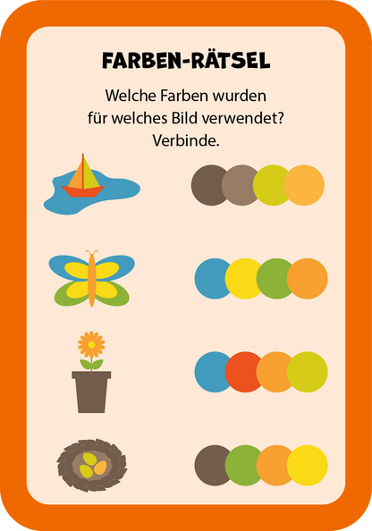 Gezeigt wird eine Innen- oder Zusatzansicht von „Zum Schulstart – Kunterbunte Pausen-Ideen“. Die Seite enthält einen orangen Rahmen mit der Überschrift „FARBEN-RÄTSEL“ in großen, fetten Buchstaben. Darunter befinden sich drei farbenfrohe Illustrationen: ein Segelboot auf blauem Wasser, ein bunter Schmetterling und ein Blumentopf mit einer gelben Blume. Dazu gibt es farbige Kreise, die den jeweiligen Bildern zugeordnet werden sollen. Die Hintergrundfarbe ist hell und einladend.