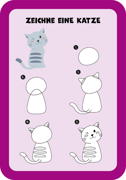 Gezeigt wird eine Innen- oder Zusatzansicht von „Zum Schulstart – Kunterbunte Pausen-Ideen“. Die Darstellung zeigt eine einfache Anleitung zum Zeichnen einer Katze in fünf Schritten. Der Hintergrund ist in sanften Rosa- und Lilatönen gehalten, während die typographischen Elemente in großer, klarer Schrift in Schwarz und Weiß gestaltet sind. Eine niedliche, grau gestreifte Katze ist oben abgebildet, um den Kindern als Beispiel zu dienen.