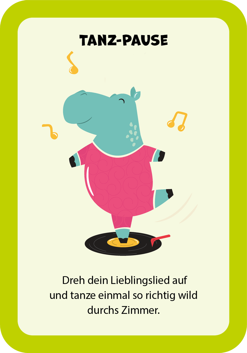 Gezeigt wird eine Innen- oder Zusatzansicht von „Zum Schulstart – Kunterbunte Pausen-Ideen“. Die Abbildung zeigt ein fröhliches Nilpferd in pinkem Outfit, das auf einem Schallplattenspieler tanzt. Um das Nilpferd sind musikalische Noten abgebildet. Der Titel „TANZ-PAUSE“ ist in einer auffälligen, schlichten Schriftart in Schwarz platziert. Der gesamte Hintergrund hat einen lebhaften, grünen Rahmen, der die bunten Elemente hervorhebt und die spielerische Stimmung unterstützt.