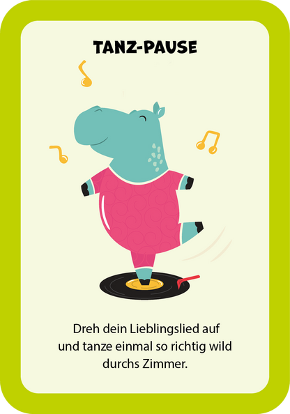 Gezeigt wird eine Innen- oder Zusatzansicht von „Zum Schulstart – Kunterbunte Pausen-Ideen“. Die Abbildung zeigt ein fröhliches Nilpferd in pinkem Outfit, das auf einem Schallplattenspieler tanzt. Um das Nilpferd sind musikalische Noten abgebildet. Der Titel „TANZ-PAUSE“ ist in einer auffälligen, schlichten Schriftart in Schwarz platziert. Der gesamte Hintergrund hat einen lebhaften, grünen Rahmen, der die bunten Elemente hervorhebt und die spielerische Stimmung unterstützt.