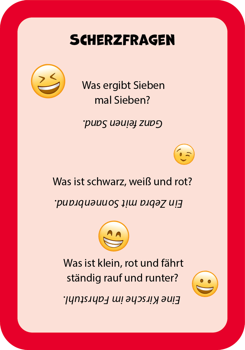 Gezeigt wird eine Innen- oder Zusatzansicht von „Zum Schulstart – Kunterbunte Pausen-Ideen“. Die Darstellung ist umrahmt von einem leuchtend roten Hintergrund und zeigt humorvolle Scherzfragen. Jede Frage ist in klarer, kindgerechter Schriftart gehalten, die leicht lesbar ist. Smileys begleiten die Texte, um eine fröhliche Atmosphäre zu schaffen. Die Farbgestaltung kombiniert kräftige Töne für eine ansprechende, kinderfreundliche Gestaltung.