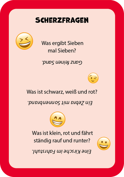 Gezeigt wird eine Innen- oder Zusatzansicht von „Zum Schulstart – Kunterbunte Pausen-Ideen“. Die Darstellung ist umrahmt von einem leuchtend roten Hintergrund und zeigt humorvolle Scherzfragen. Jede Frage ist in klarer, kindgerechter Schriftart gehalten, die leicht lesbar ist. Smileys begleiten die Texte, um eine fröhliche Atmosphäre zu schaffen. Die Farbgestaltung kombiniert kräftige Töne für eine ansprechende, kinderfreundliche Gestaltung.